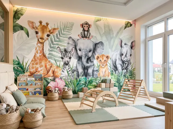 Sala zabaw w przedszkolu z fototapetą safari