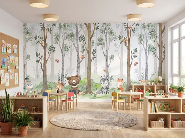 Sala zajęć w przedszkolu z fototapetą leśne zwierzątka