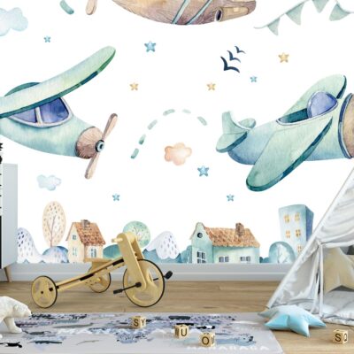 Fototapeta dla dzieci samoloty nad miasteczkiem DWK282