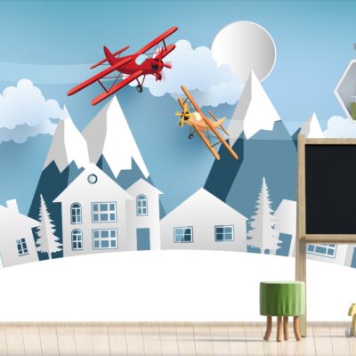 Fototapeta samoloty dwupłatowce nad domkami i górami