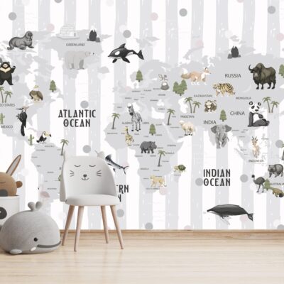 Fototapeta dla dzieci mapa świata w szare pasy DWK287