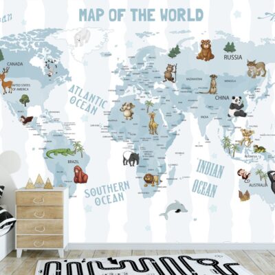 Tapeta dla dzieci mapa świata w niebieskie pasy DWK288