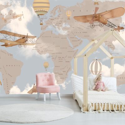 Tapeta dla dzieci mapa świata na tle nieba DWK296