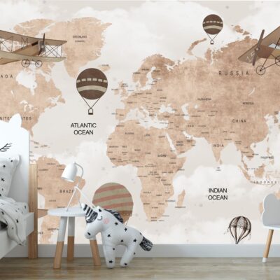 Fototapeta dla dzieci mapa świata samoloty i balony DWK299