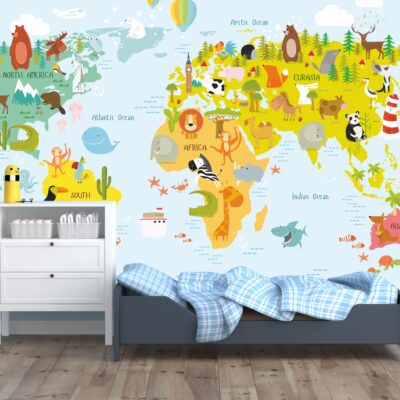 Tapeta dla dzieci kolorowa mapa świata ze zwierzętami DWK302