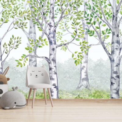 Fototapeta dla dzieci brzozowy las akwarele DWK320