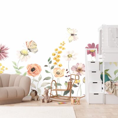 Fototapeta dla dzieci kwiaty łąka i motyle DWK402