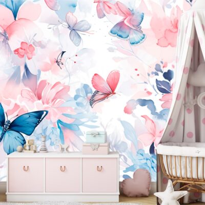 Fototapeta dla dzieci abstrakcja motyle, kwiaty akwarele DWK437