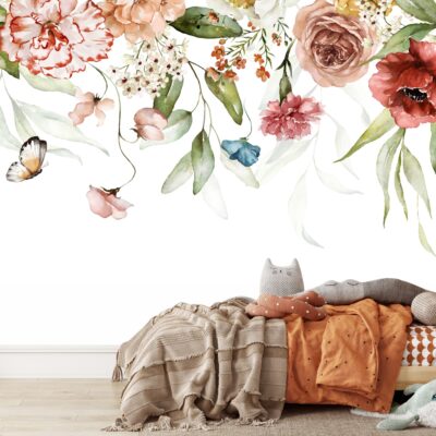 Fototapeta dla dzieci kolorowe zwisające kwiaty i motyl DWK446