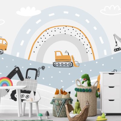 Tapeta dla dzieci tęczowa dogra i maszyny budowlane DWK456