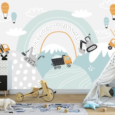 Tapeta dla dzieci maszyny budowlane dźwig koparka DWK457