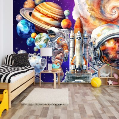 Fototapeta dla dzieci stacja kosmiczna, astronauci i planety