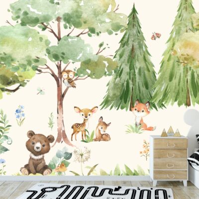 Fototapeta dla dzieci las drzewa małe zwierzęta w lesie