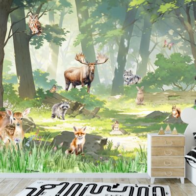 Fototapeta dla dzieci magiczny las drzewa i zwierzeta leśne