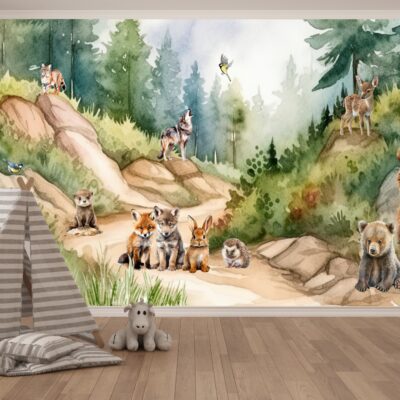 Fototapeta dla dzieci bajkowy las zwierzęta na leśnym szlaku