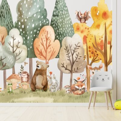 Tapeta dla dzieci malowanie zwierzątka w lesie M184