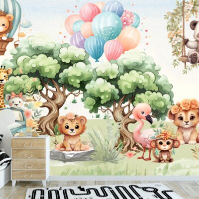 Fototapeta dla dzieci zwierzęta z safari i balony M189