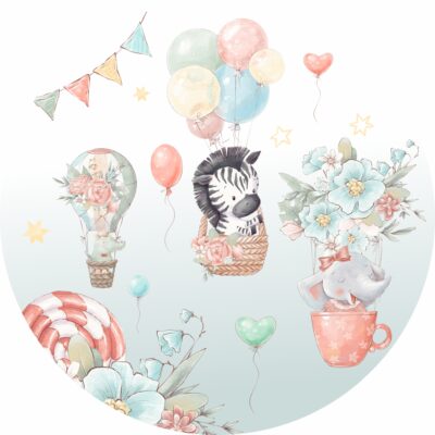 Naklejka tkaninowa dla dzieci zebra w koszu z balonami MN030