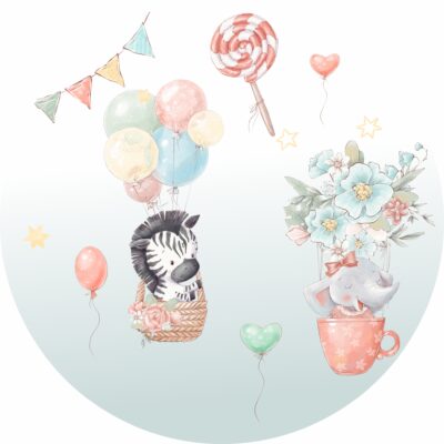Naklejka tkaninowa dla dzieci zebra i słonik w balonach MN032