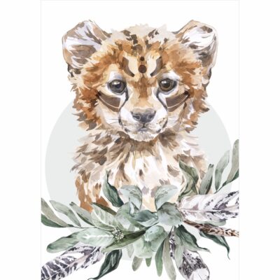Plakat dla dzieci gepard, liście, pióra PS012
