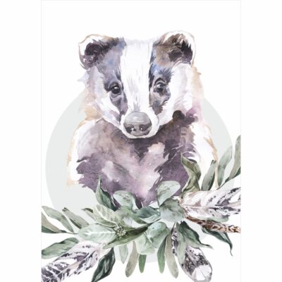 Plakat dla dzieci borsuk, liście, pióra PS016