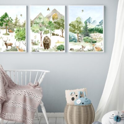 Zestaw 3 plakatów dla dzieci akwarela zwierzęta leśne w tle góry MP026