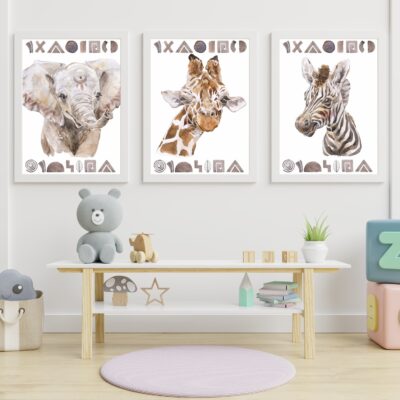 Zestaw 3 plakatów dla dzieci słonik, żyrafa, zebra MP010