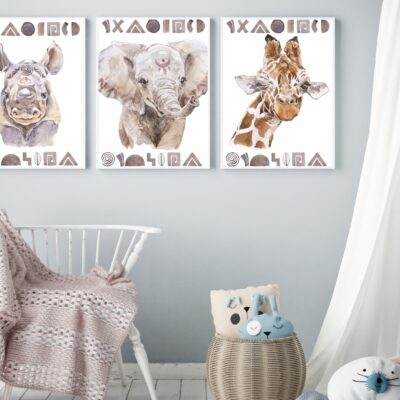 Zestaw 3 plakatów dla dzieci nosorożec, słoń, żyrafa MP011
