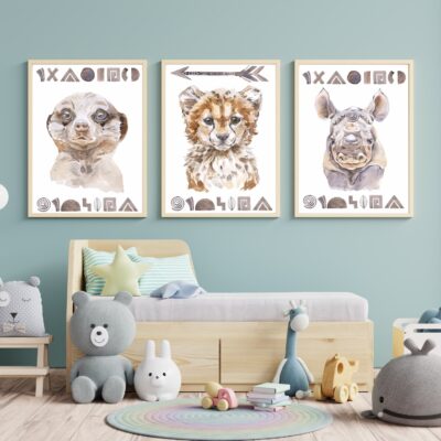 Zestaw 3 plakatów dla dzieci surogatka, gepard, nosorożec MP012