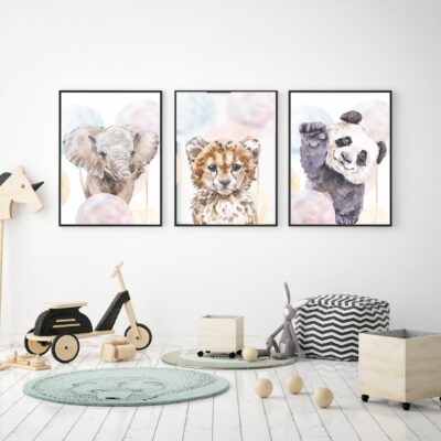 Zestaw 3 plakatów dla dzieci słoń, gepard, panda MP013