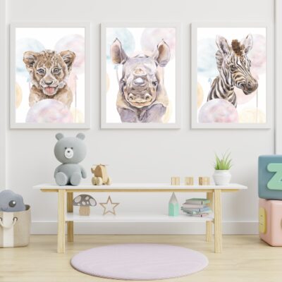 Zestaw 3 plakatów dla dzieci tygrys, nosorożec, zebra MP014