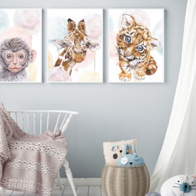 Zestaw 3 plakatów dla dzieci małpka, żyrafa, tygrys MP015