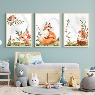 Zestaw 3 plakatów dla dzieci zajączek, lis i wiewiórka MP020