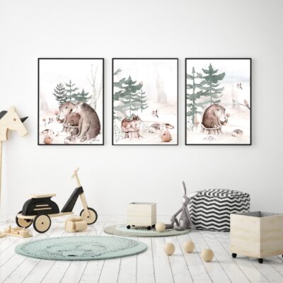 Zestaw 3 plakatów dla dzieci leśne spotkanie zwierzątek MP021