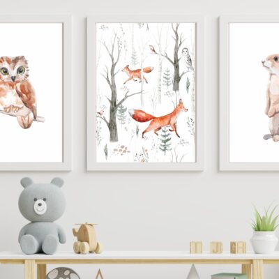 Zestaw 3 plakatów dla dzieci sowa, zając, las z lisami MP002