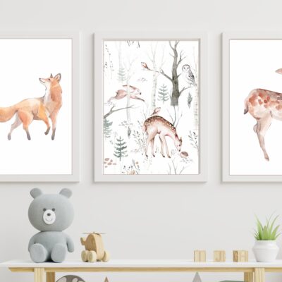 Zestaw 3 plakatów dla dzieci lis, zając, sarenka MP003