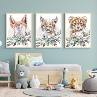 Zestaw 3 plakatów dla dzieci lisek, ryś, gepard MP004