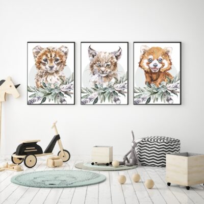 Zestaw 3 plakatów dla dzieci gepard, ryś, panda ruda MP005