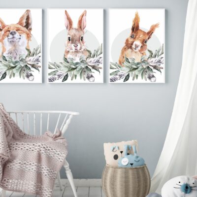 Zestaw 3 plakatów dla dzieci lis, zając, wiewiórka MP006