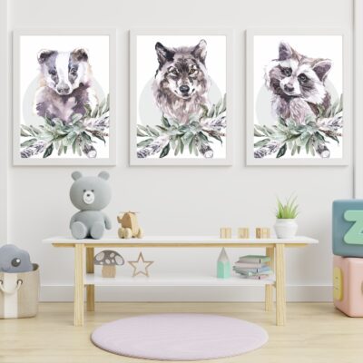 Zestaw 3 plakatów dla dzieci borsuk, wilk, szop MP007