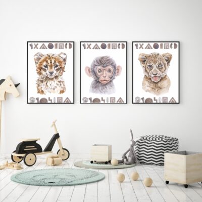 Zestaw 3 plakatów dla dzieci gepard, małpka, tygrysek MP009