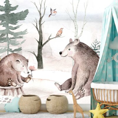 Fototapeta na ścianie w pokoju dziecięcym na tel kołyski i zabawek, malowana akwarelą, na której są dwa niedźwiedzie siedzące w lesie uśmiechnięte