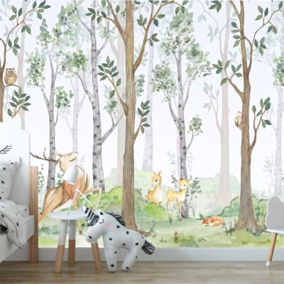 Fototapeta dla dzieci las, jeleń, szop, sowa M016