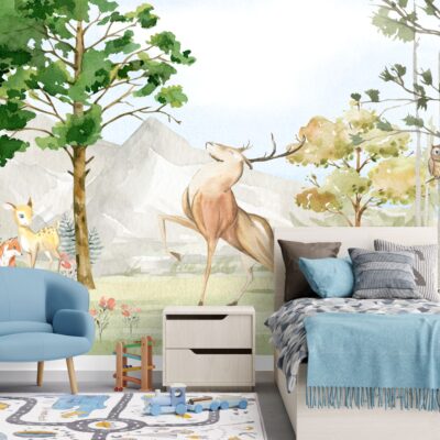 Fototapeta dla dzieci las z górami i zwierzętami M012