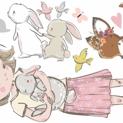 Naklejki dla dzieci zestaw dziewczynka z zajączkami i sarenką Z4