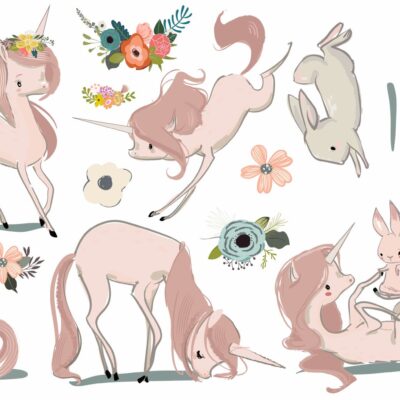 Naklejki dla dzieci zestaw jednorożec i zajączek, kwiaty Z3