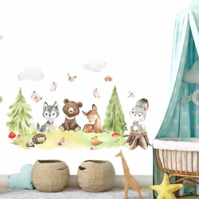 Naklejki na ścianę dla dzieci zwierzęta leśne z drzewami
