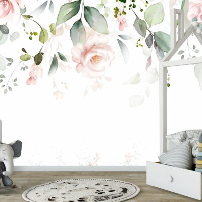 Fototapeta dla dzieci wiszące kwiaty róży z liśćmi akwarele M082