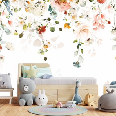 Fototapeta dla dzieci wiszące gałązki z kwiatami i motyle M089