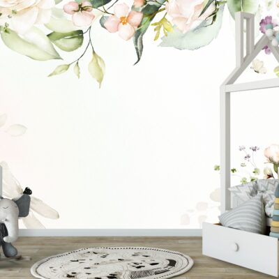 Fototapeta dla dzieci duże malowane kwiaty z ptaszkiem